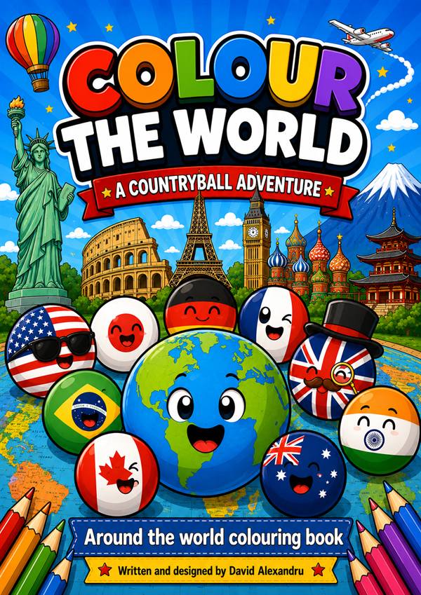 Colour the World: A Countryball Adventure coloring book cover by David Alexandru